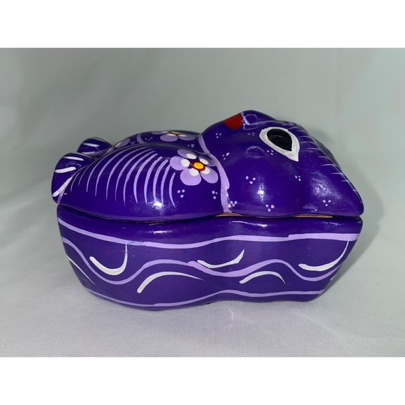 Hand Painted Red Clay Pottery Purple Owl Trinket Box - Picture 2 of 5